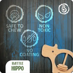 Safety icons for the hippo rattle: non-toxic, no coating, and safe to chew.