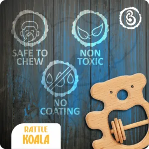 Safety certifications for the koala rattle: non-toxic, no coating, and safe to chew.