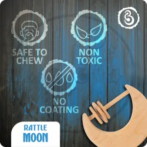 Safety icons for the moon rattle: non-toxic, no coating, and safe to chew.