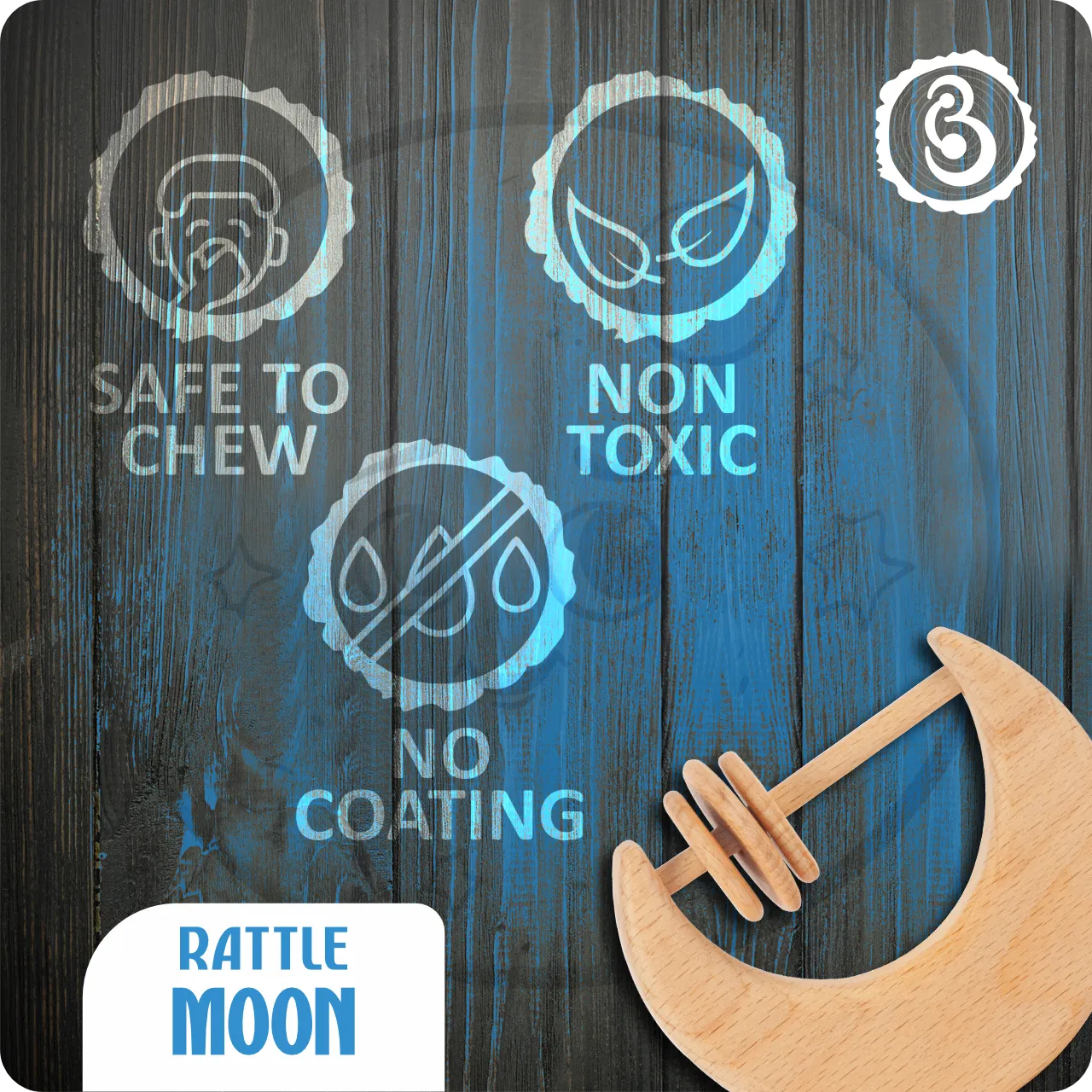06 Safety icons for the moon rattle: non-toxic, no coating, and safe to chew.