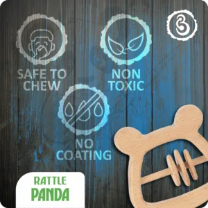 Safety icons for the panda rattle: non-toxic, no coating, and safe to chew.
