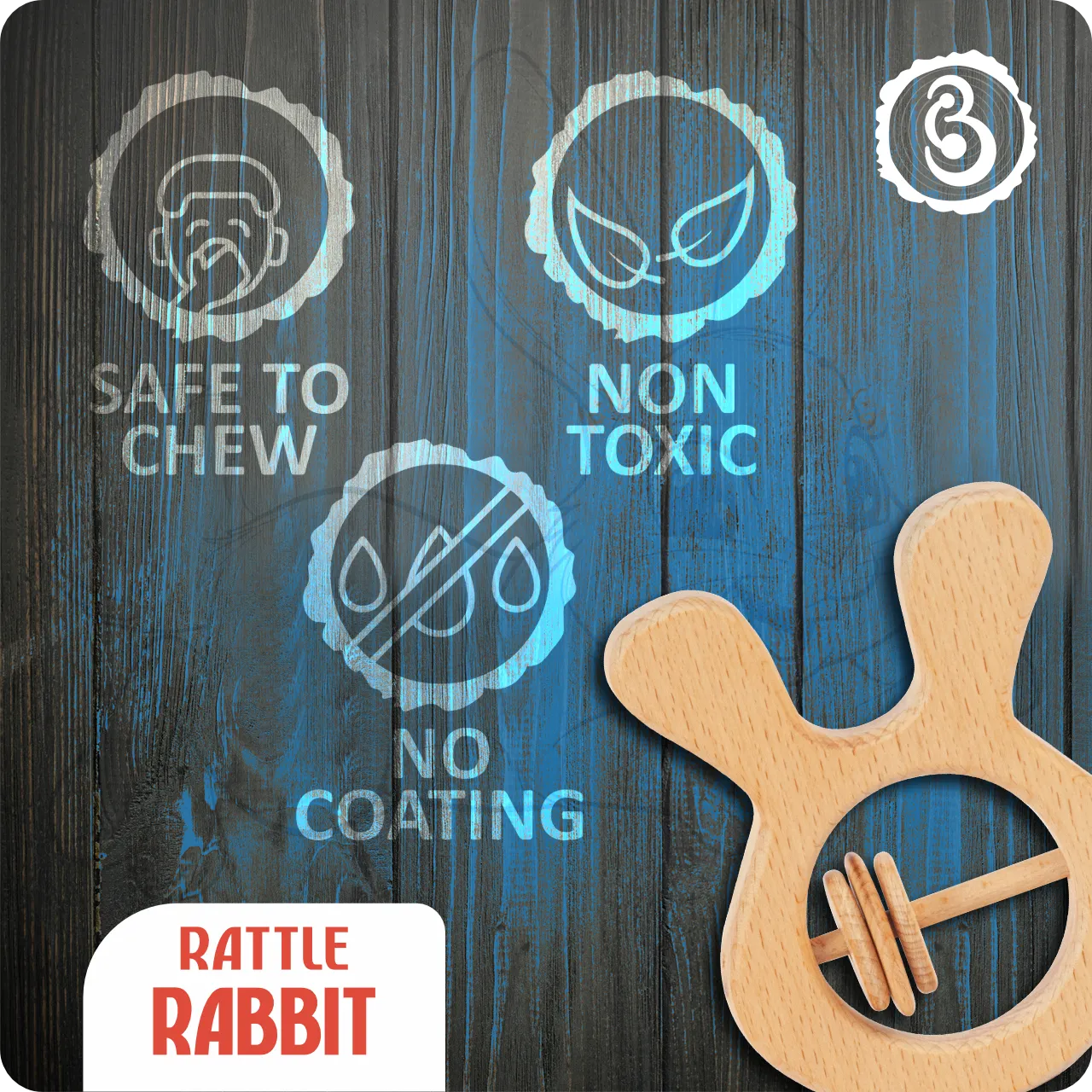 06 Safety certifications for the rabbit rattle: non-toxic, no coating, and safe to chew.