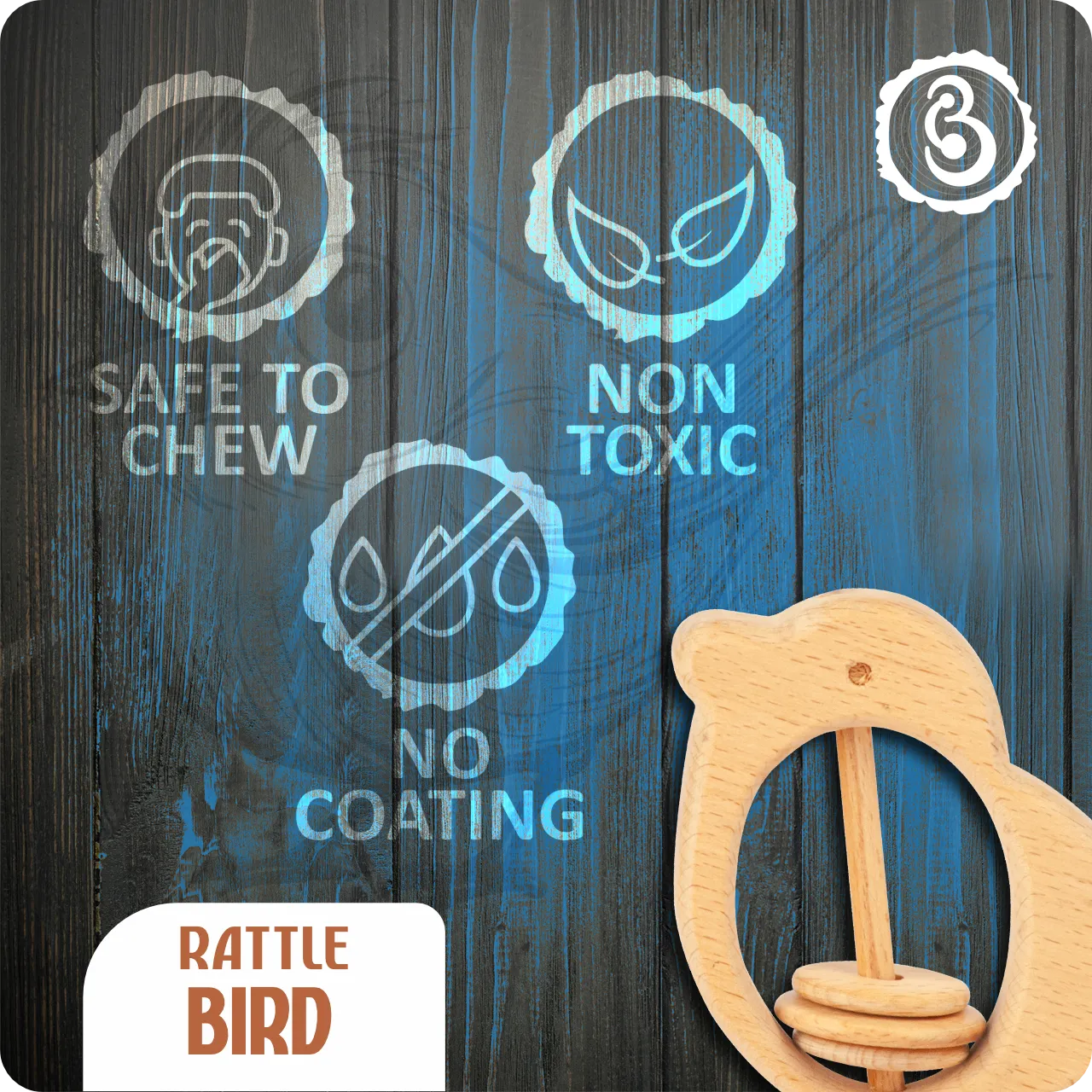 06 Safety features of the bird rattle include being non-toxic and having no coating.