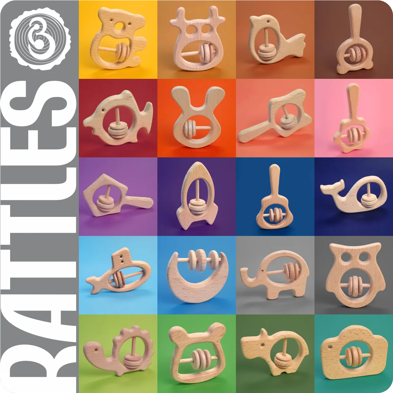 07 Grid display of various animal and object-shaped natural wooden baby rattles.