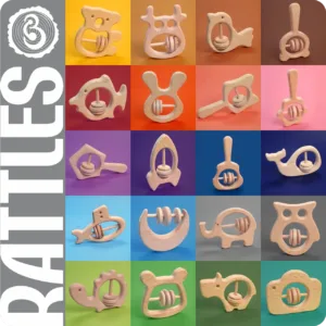 A diverse grid display of animal and object-shaped natural wooden baby rattles.