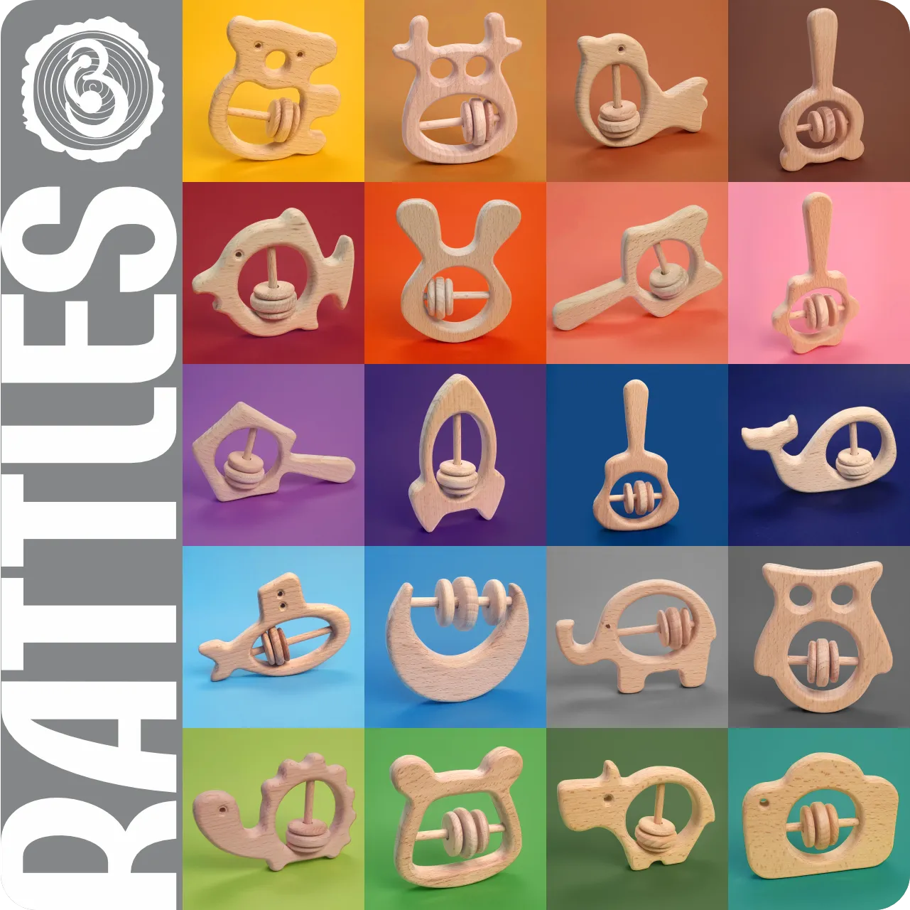 07 A diverse grid display of animal and object-shaped natural wooden baby rattles.