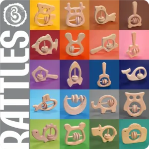 A colorful grid of various animal and object-shaped natural wooden baby rattles.