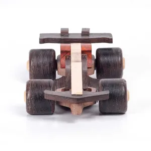 Top-down front perspective of a collectible wooden F1 car.