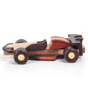 Minimalist wooden race car model on a white background.