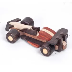 Overhead diagonal view of a multi-colored wooden race car.