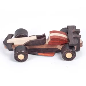 Elevated rear view of a handmade wooden toy car.