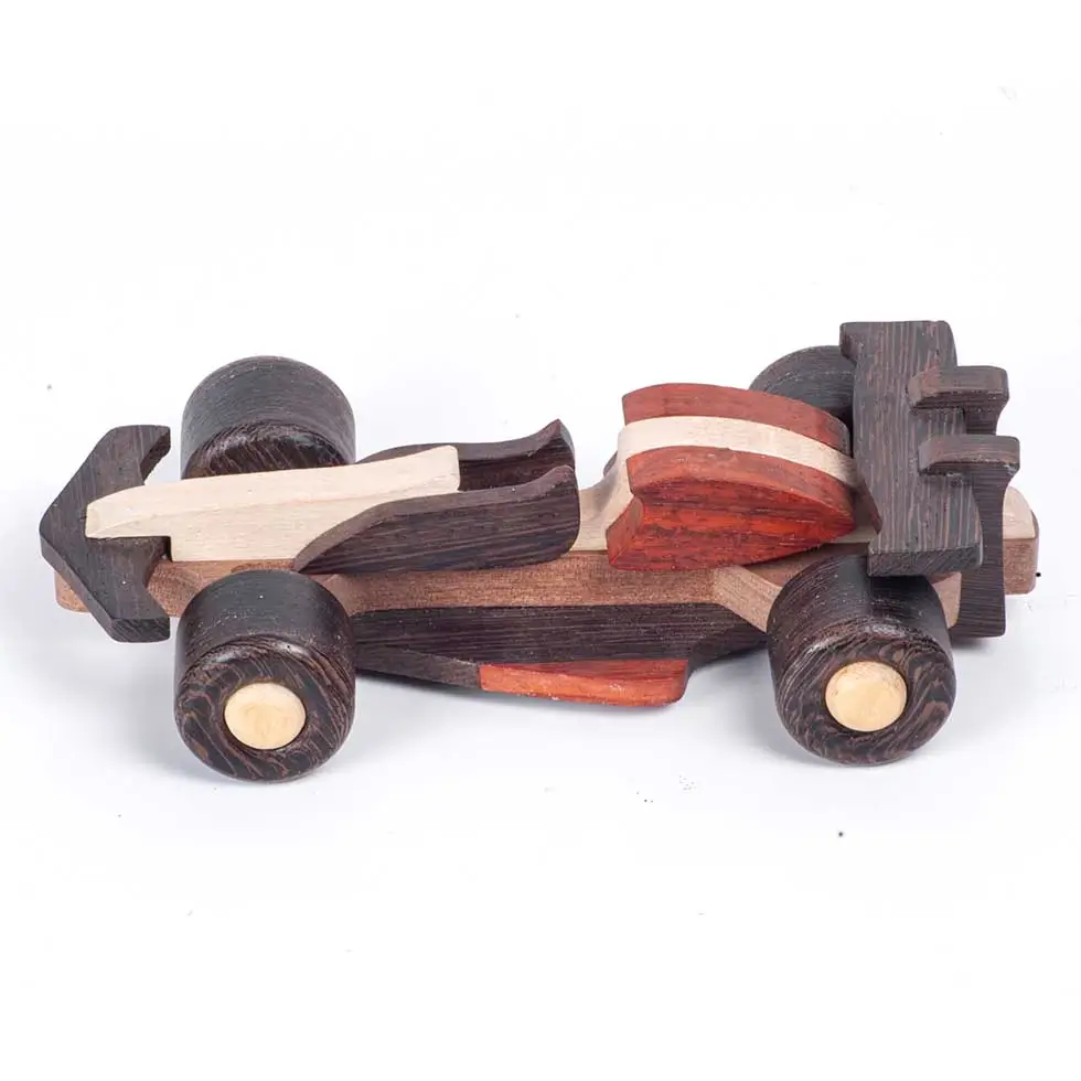 Racercar (8) Elevated rear view of a handmade wooden toy car.