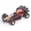 Diagonal top-down view of a handcrafted wooden Formula 1 car toy.