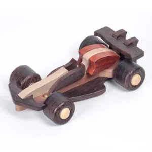 Diagonal top-down view of a handcrafted wooden Formula 1 car toy.