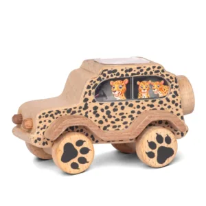 Wooden cheetah toy car with paw print wheels