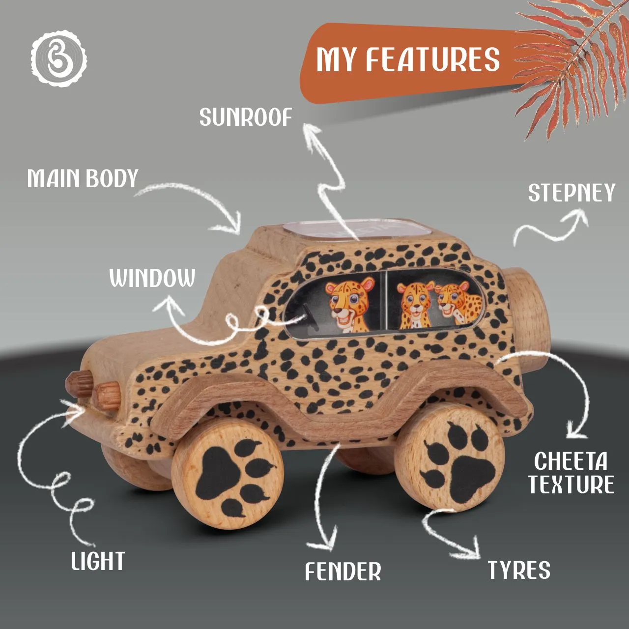 cheeta 02 A wooden toy safari vehicle with a cheetah print body and paw-print wheels.