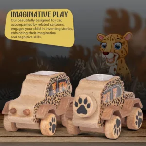 Hand on a cheetah-print wooden car with an orange durability banner.