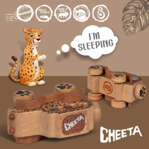 Cheetah-patterned handcrafted wooden toy camera for children.