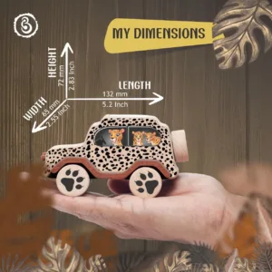 Cheetah-print wooden toy car with dimensions of 132 mm in length and 72 mm in height.