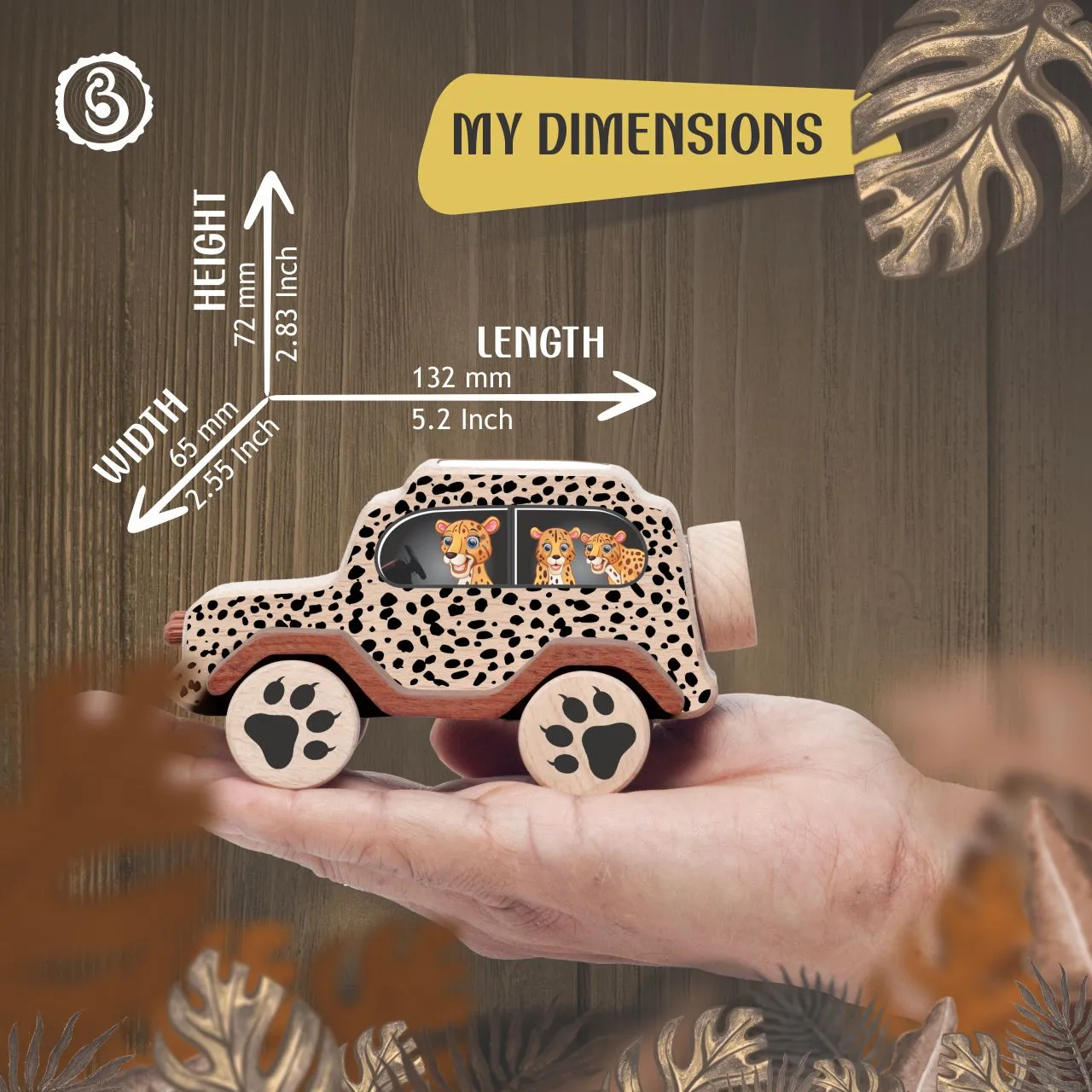 cheeta 07 Cheetah-print wooden toy car with dimensions of 132 mm in length and 72 mm in height.