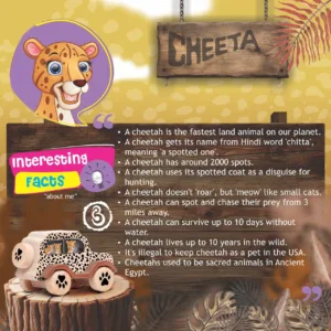 Cheetah-print wooden toy car measuring 5.2 inches in length and 2.55 inches in width.