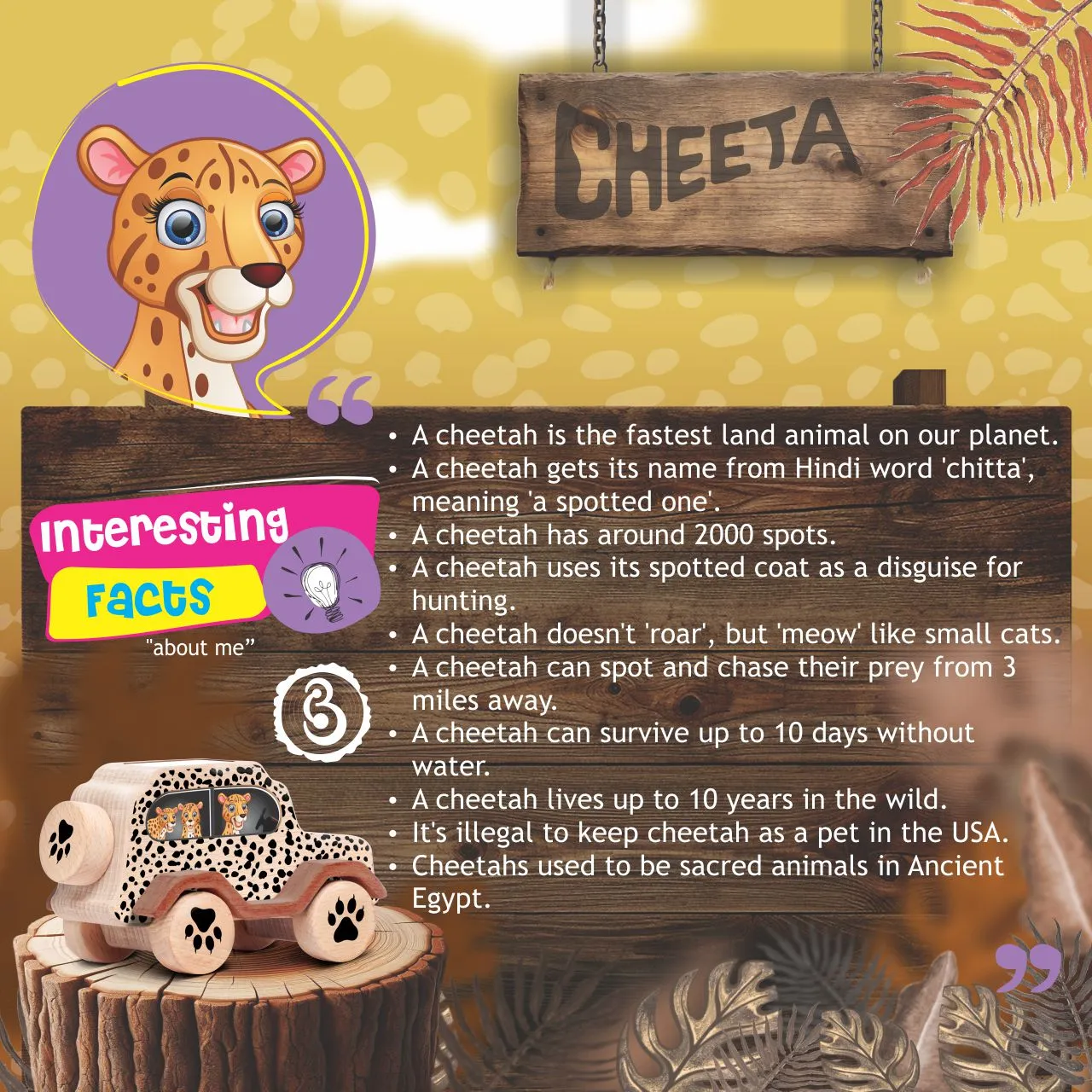 cheeta 08 Cheetah-print wooden toy car measuring 5.2 inches in length and 2.55 inches in width.