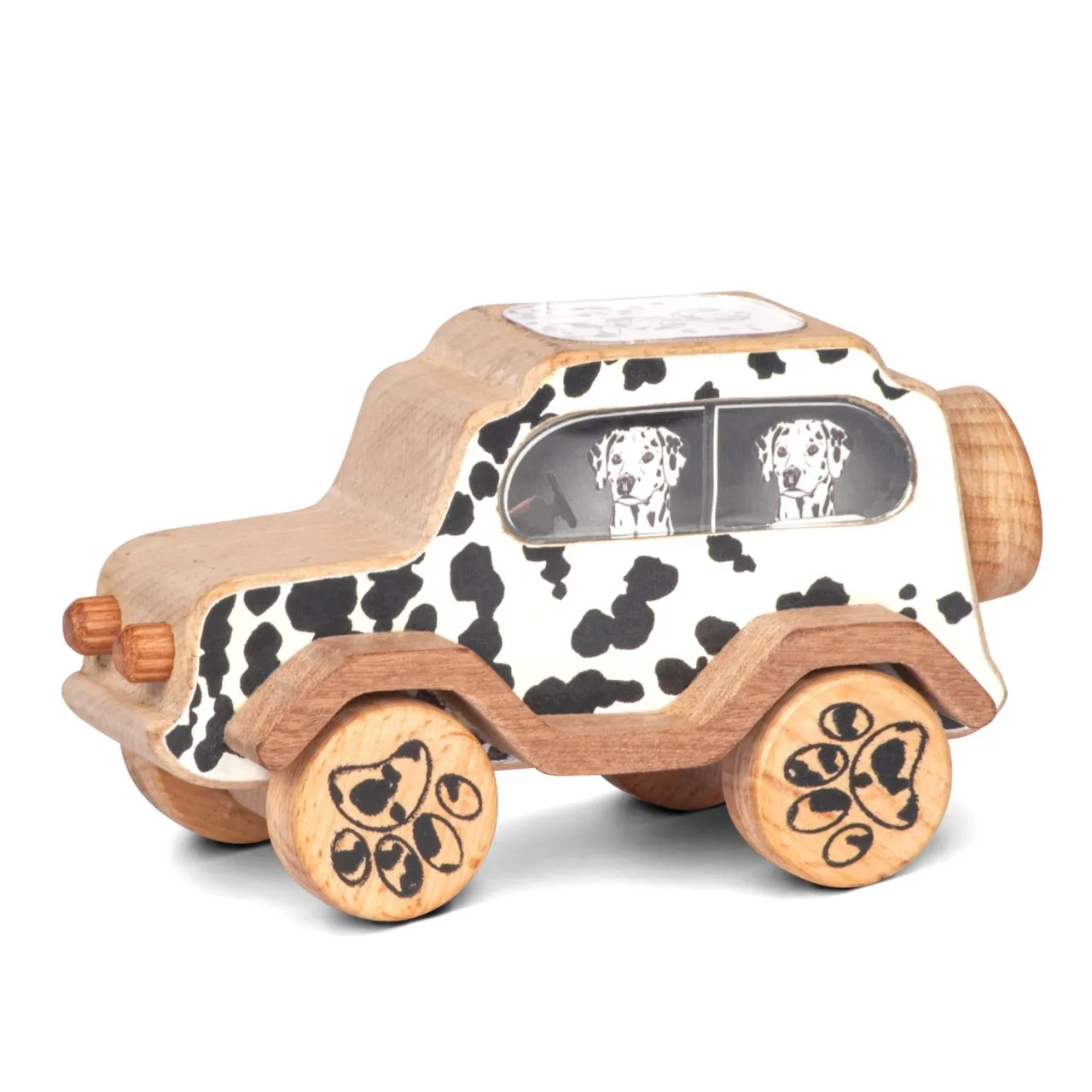 dog 01 Wooden dalmatian toy car with paw print wheels
