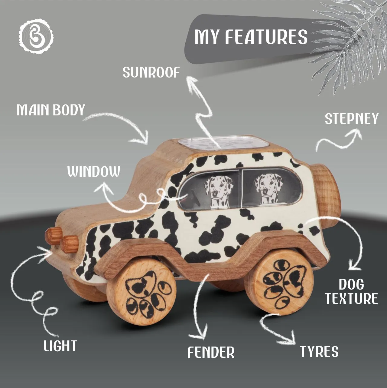 dog 02 A white wooden toy jeep with black Dalmatian spots and puppy characters in the window.