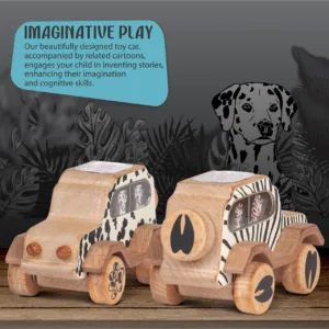 Dalmatian-print wooden car with a grey durability banner held by a child.
