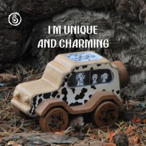 Hand on a wooden dog car with a grey durability banner.