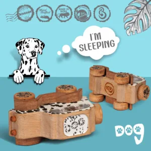 Dalmatian dog print wooden camera toy with black spots.