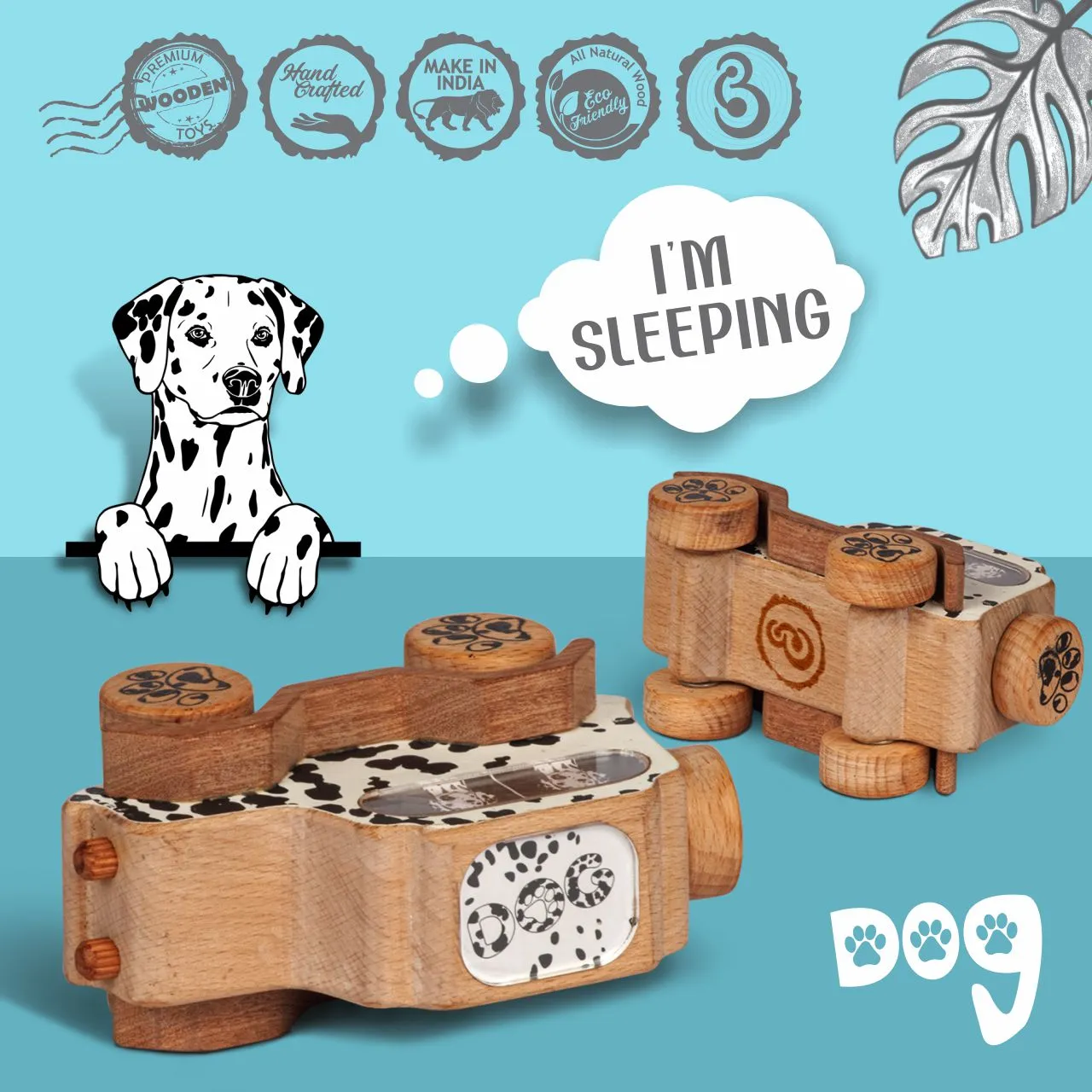 dog 06 Dalmatian dog print wooden camera toy with black spots.