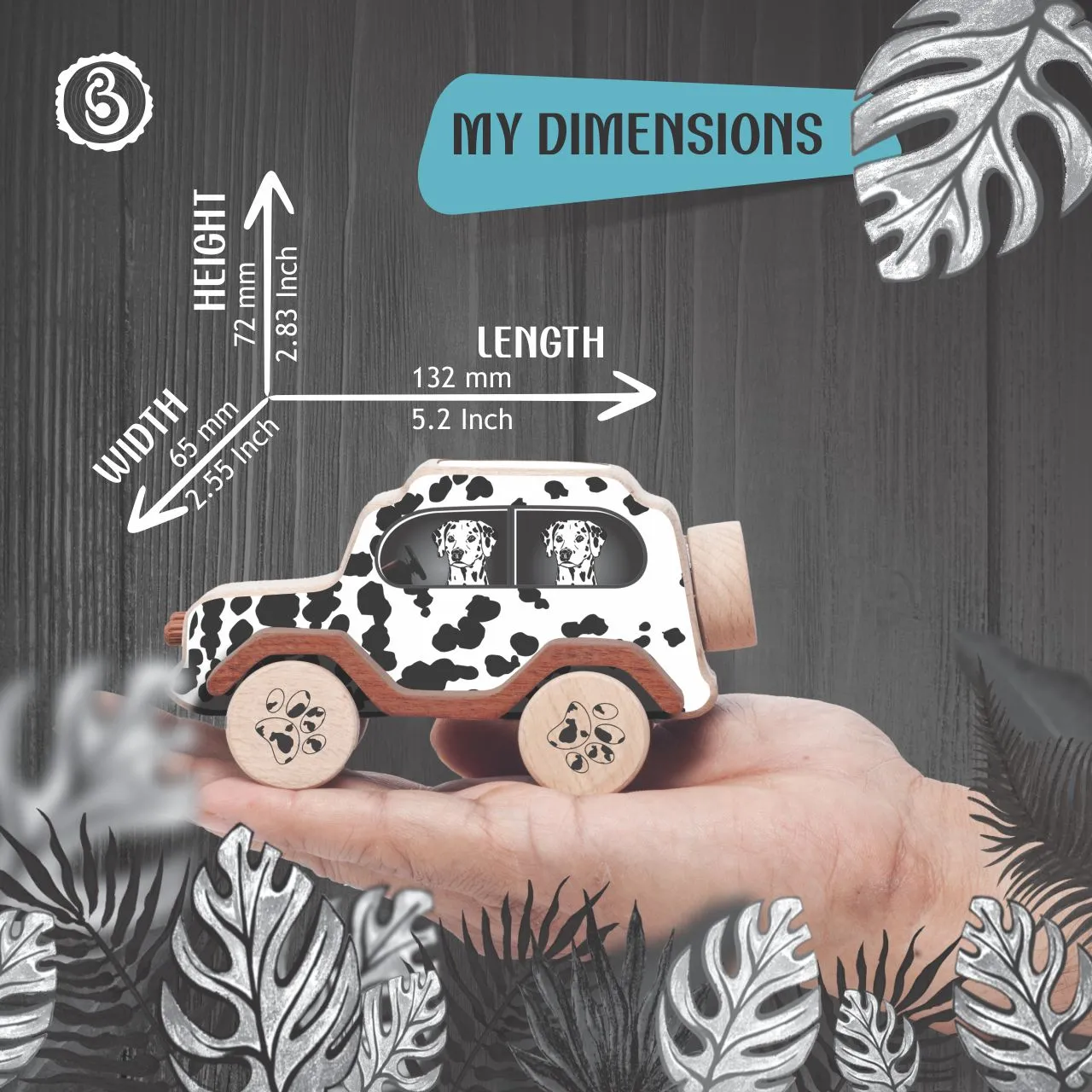 dog 07 Dalmatian dog-print wooden toy car measuring 5.2 inches in length and 2.83 inches in height.