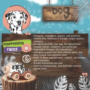 Dalmatian dog-print wooden toy car dimensions: 132 mm x 72 mm x 65 mm.