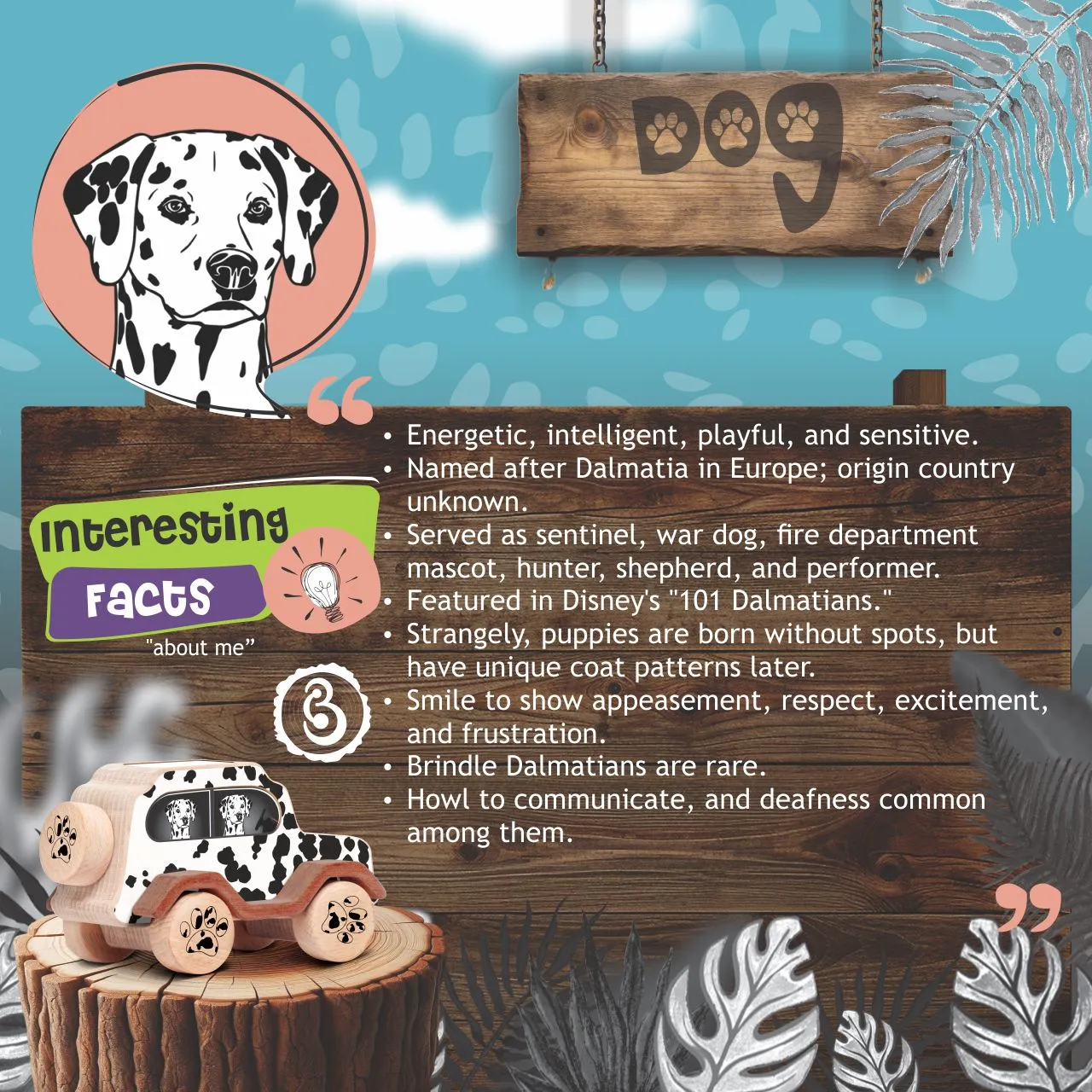 dog 08 Dalmatian dog-print wooden toy car dimensions: 132 mm x 72 mm x 65 mm.