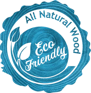 Textured blue eco-friendly badge for all-natural wood products.