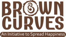The Brown Curves logo is in earthy brown with a wood-grain icon and happiness slogan.