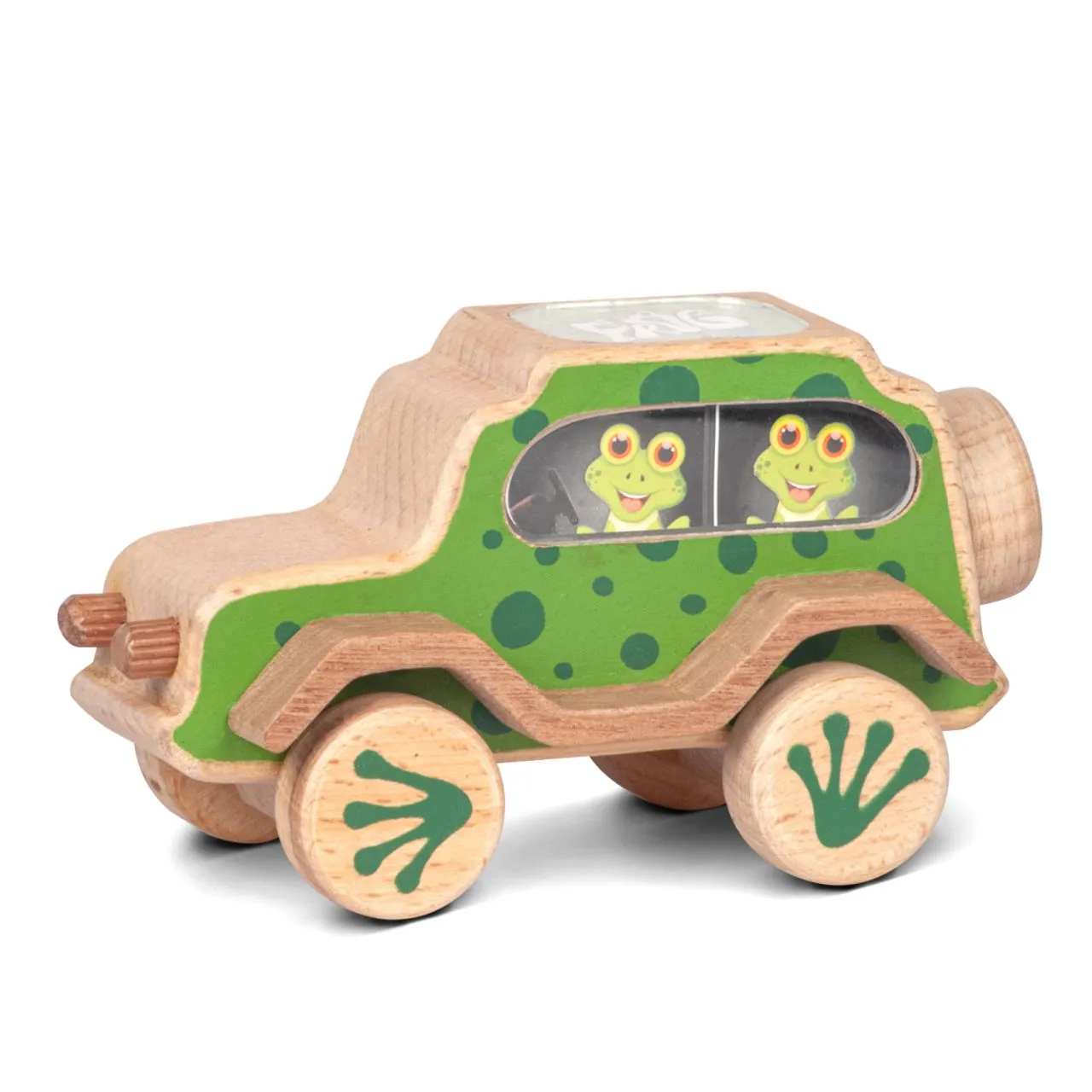 frog 01 Wooden frog toy car with green design