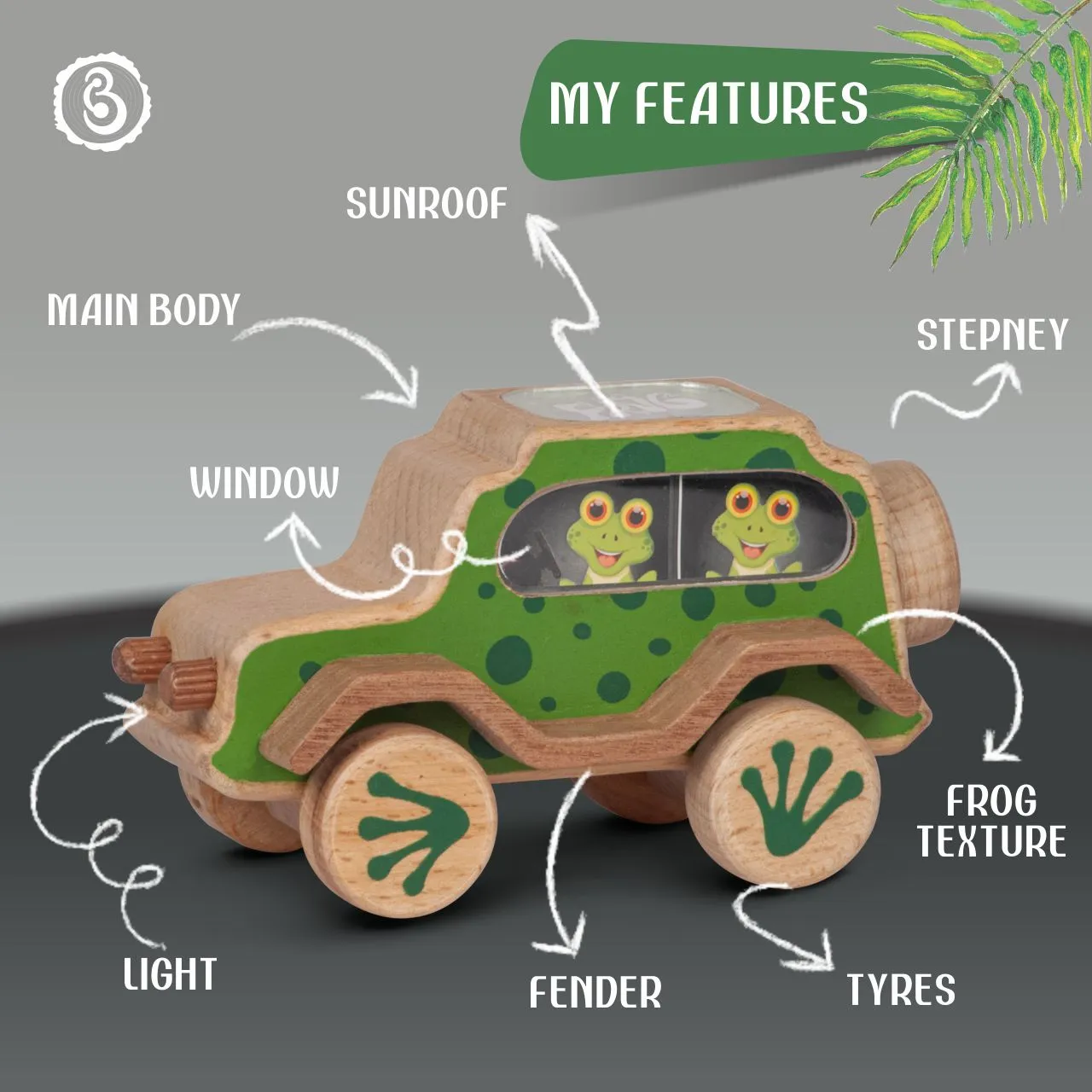 frog 02 A green wooden toy jeep with dark green spots and frog-foot designs on the wheels.