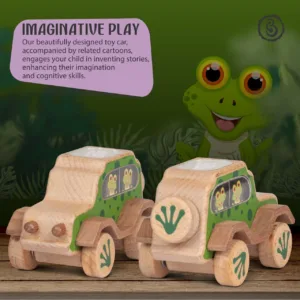 A green spotted frog toy car is being handled, featuring a green banner.