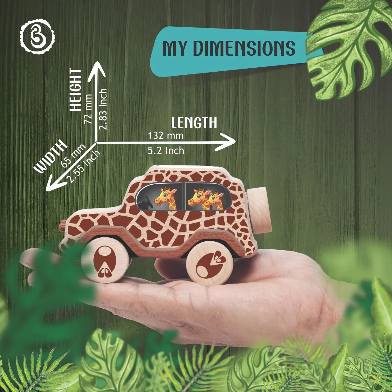 frog 07 Green frog-themed wooden toy car dimensions: 132 mm x 72 mm x 65 mm.