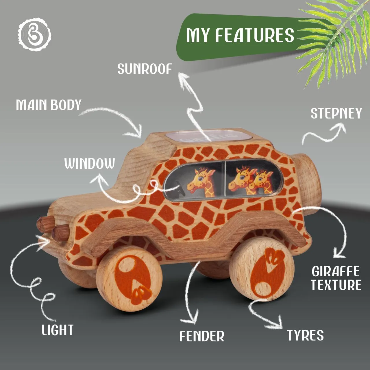 giraffe 02 A wooden toy jeep with a brown and orange giraffe patch pattern and hoof-print wheels.