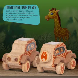 Child playing with a giraffe-patterned wooden car featuring a green banner.