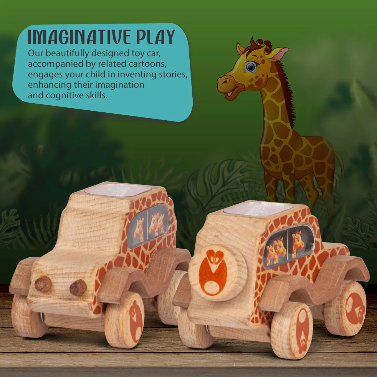 giraffe 04 Child playing with a giraffe-patterned wooden car featuring a green banner.