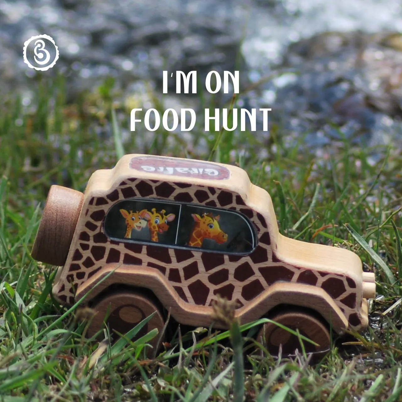 giraffe 05 Hand on a wooden giraffe car with a dark green durability banner.