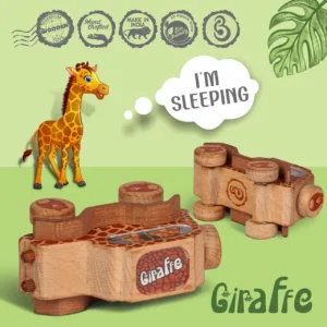 Giraffe-themed natural wood camera toy for kids.