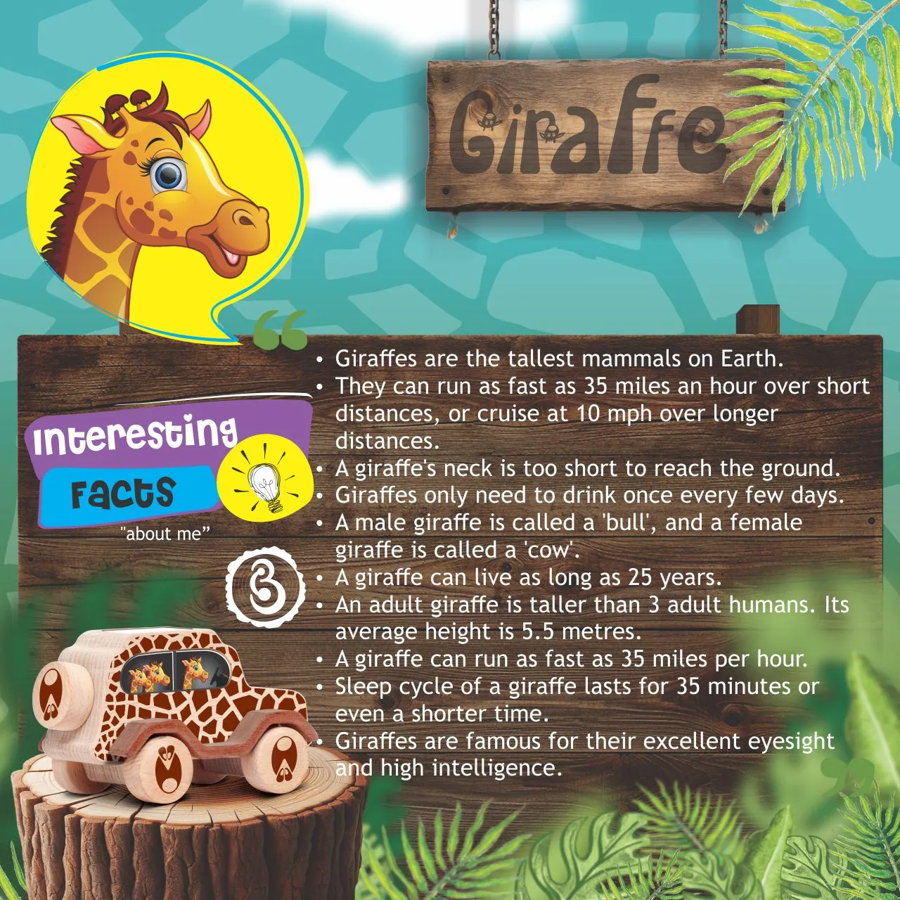 giraffe 08 Giraffe-patterned wooden toy car measuring 132 mm in length and 72 mm in height.