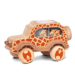 Wooden giraffe toy car with orange pattern