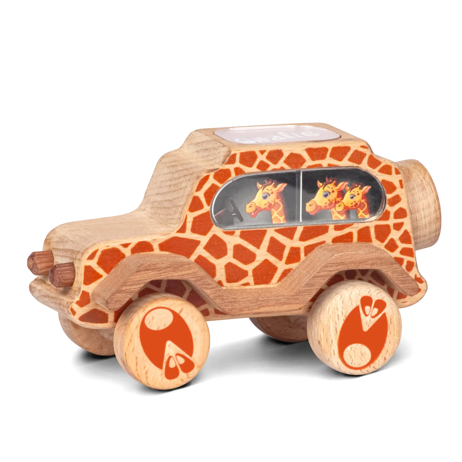 giraffe01 Wooden giraffe toy car with orange pattern