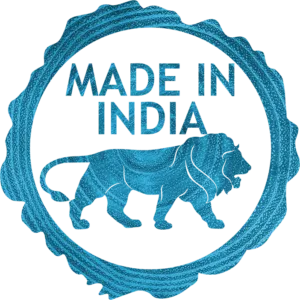 Blue circular “Made in India” stamp with a lion.
